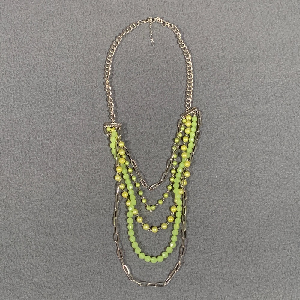 Necklace Women Lime Green Silver Multi-Strand Layered Statement
